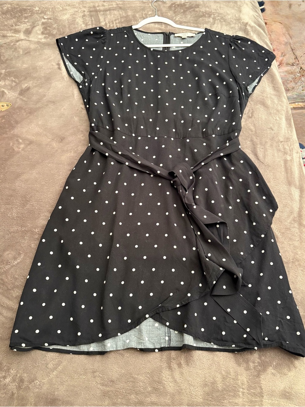 LOFT Black and White Polka Dot Tie-Waist Mini Dress